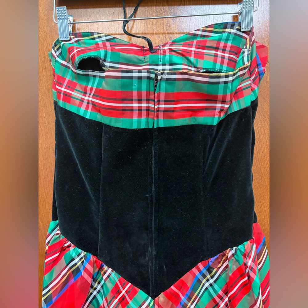 Vintage Leslie Lucks Holiday Tartan Plaid Bow Velvet Drop Waist Strapless Dress - Picture 7 of 14